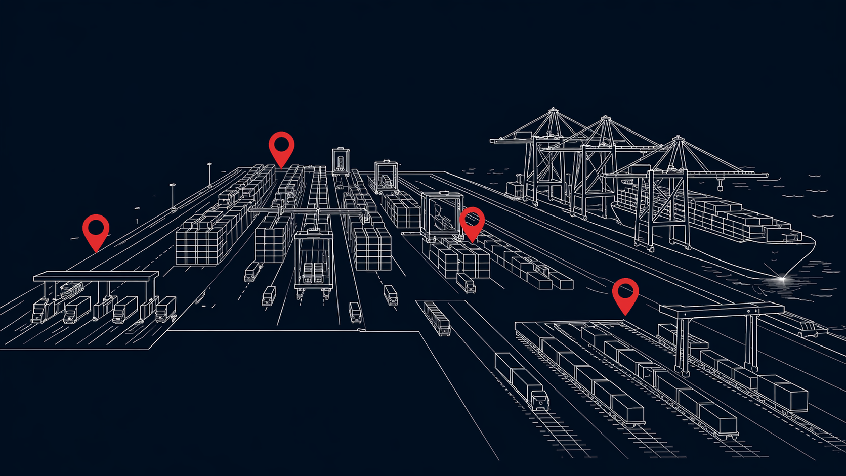 Terminal areas in a port terminal including the gate, quay, rail and yard