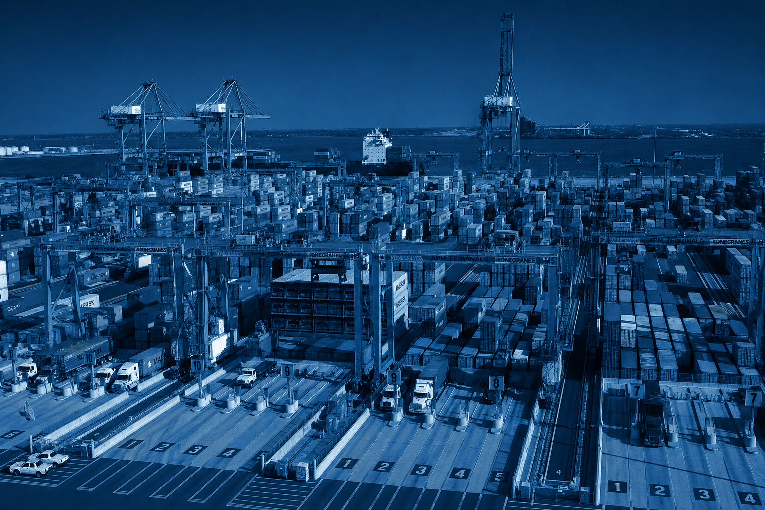 A busy shipping port with various container stacks and large cranes loading and unloading cargo