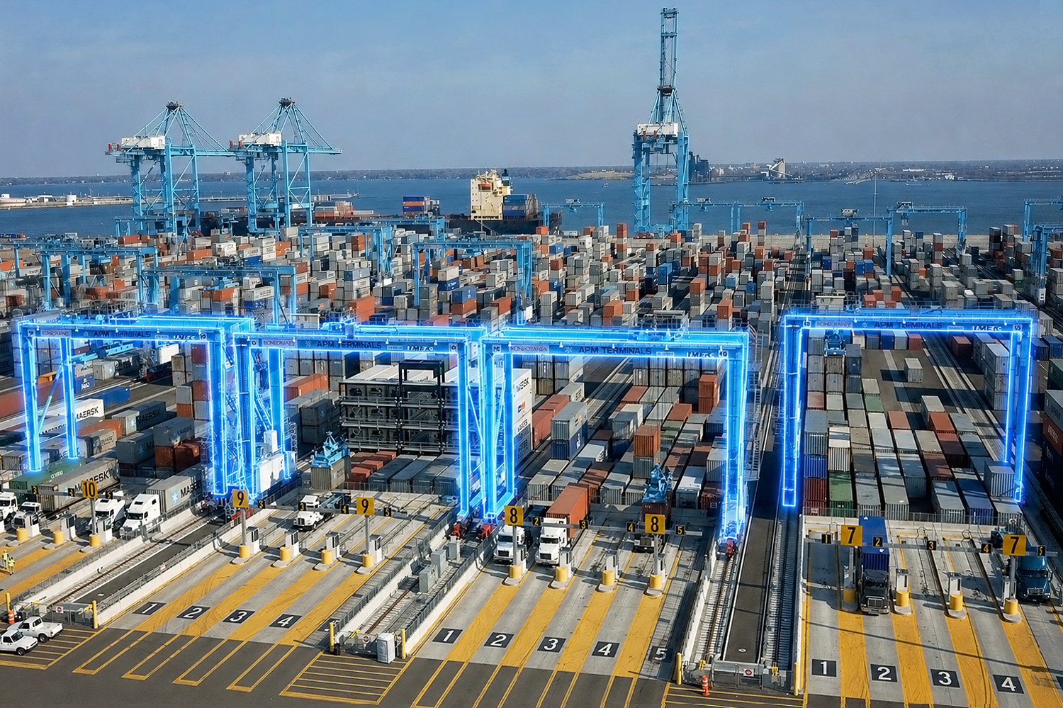 A busy shipping port with various container stacks and large cranes loading and unloading cargo