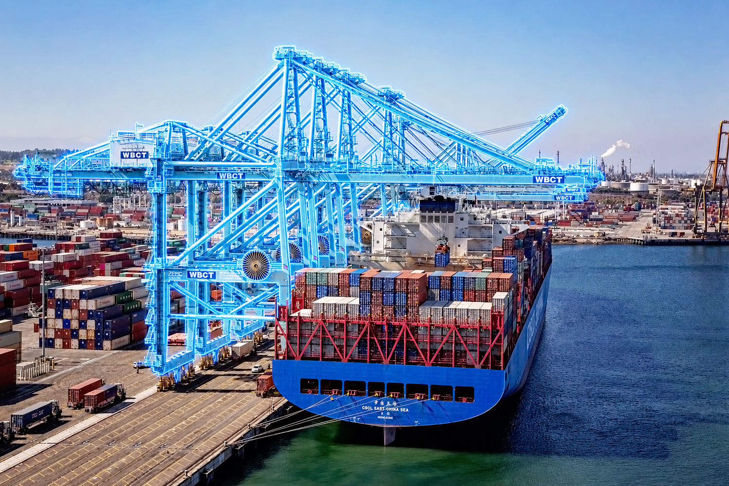 Electrified crane above a docked ship at a port terminal